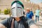 Selfie photo of man wearing knight helmet with armor Viking festival, Malta