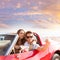 Selfie photo of young teen couple in convertible