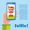 Selfie poster with hipster holding smartphone vector.