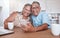 Selfie, senior couple smile and in kitchen with smartphone on social media, happy and romantic laugh together. Love