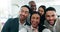 Selfie, silly and face of business people in the office for team building, fun or bonding. Smile, diversity and portrait