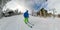 SELFIE: Skier cruises along the groomed slope running between ski resort lodges