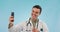 Selfie, smile of man and doctor with stethoscope, thumbs up and ok sign in studio. Photography, happy medical