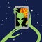 Selfie space. Alien shoots himself on phone against backdrop of