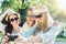 Selfie. Three attractive girls taking picture at summer holidays