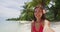 Selfie video - Bikini travel woman on beach smiling haivng fun on Bora Bora