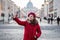 Selfie of young woman in Rome, Italy. Taking pictures with your smartphone