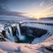 Seljalandsfoss waterfall, Iceland. Icelandic winter landscape. High waterfall and rocks. Snow and ice.