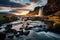 Seljalandsfoss waterfall radiates splendor as the sun dips below the horizon