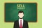 Sell yourself illustration with businessman standing chalkboard and text behind vector graphic