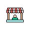 Seller behind the store counter flat color line icon.