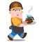 Seller coffee. Cartoon character, man in uniform with a tray and hot coffee