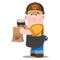 Seller coffee. Cartoon character, man in uniform, the waiter with a glass of coffee and a packet