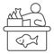 Seller in fish store thin line icon, Fishing concept, Fish market with seller and seafood sign on white background