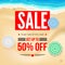 Selling ad banner, vintage text design. Fifty percent summer vacation discounts, sale background of the sandy beach and