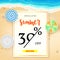 Selling ad banner, vintage text design. Summer vacation discounts, sale background of the sandy beach and the sea shore