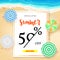 Selling ad banner, vintage text design. Summer vacation discounts, sale background of the sandy beach and the sea shore
