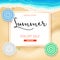 Selling ad banner, vintage text design. Summer vacation discounts, sale background of the sandy beach and the sea shore