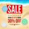 Selling ad banner, vintage text design. Thirty percent summer vacation discounts, sale background of the sandy beach and