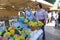 Selling of the typical Kythira suvenir, flowers called \'Sempreviva\', characteristic yellow flowers