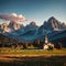 Selva di Cadore, Dolomites. Beautiful famous landscape with the church and Mount Pelmo, Belluno region of Italy. made