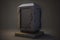 Semi-dark minimalist 3d art podium-keytodesc installation with stone cube