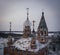 Semi-destroyed domes of the Church of the Resurrection of Christ in winter in Ostrov, YRussia