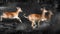 Semi-grayscale shot of spotted deers running in the grass