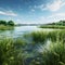 Semi-realistic Lake Scene With Detailed Grass