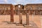 Semi-subterranean temple with the Ponce monolith visible in the Kalisasaya gateway. Tiwanaku archaeological site, La Paz, Bolivia