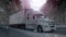 Semi trailer on the road with snow in winter. 3d rendering