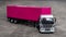 Semi trailer truck lorry cargo vehicle on blue background, View from above, Aerial top view of white semi truck with pink