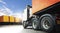 Semi Trailer Truck with Shipping Cargo Container Parking lot at a Blue Sky. Load Trucks Delivery Business . Industry Freight Truck