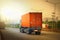 Semi Trailer Trucks Driving on The Road. Shipping Container Truck. Freight Truck Logistic, Cargo Transport