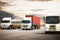 Semi Trailer Trucks Driving on The Road with The Sunset. Shipping Cargo Container. Freight Truck Logistic. Cargo Transport