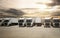 Semi TrailerTrucks Parked Lot with The Sunset Sky. Shipping Container. Delivery Transit. Diesel Trucks. Lorry Tractor. Logistics
