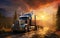 A semi truck driving down a dirt road under a cloudy sky. AI