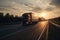 A semi truck driving down a long, empty highway at sunset