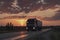 Semi Truck Driving on The Road at Sunset Sky. Industry Road Freight Trucks. Lorry Tractor