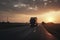 Semi Truck Driving on The Road at Sunset Sky. Industry Road Freight Trucks. Lorry Tractor