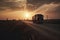 Semi Truck Driving on The Road at Sunset Sky. Industry Road Freight Trucks. Lorry Tractor