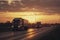 Semi Truck Driving on The Road at Sunset Sky. Industry Road Freight Trucks. Lorry Tractor