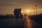 Semi Truck Driving on The Road at Sunset Sky. Industry Road Freight Trucks. Lorry Tractor