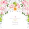 Semicircle garland frame with white peony, pink rose, orchid, carnation, green hydrangea, eucaliptus leaves