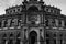 Semperoper Dresden in Saxony Germany historical opera in black and white in German is in the window