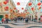 Senado Square street in Macao decorated with red Chinese lantern garlands on Chinese New Year celebration