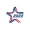 Senate elections 2022 in USA. Election voting poster. Stylized star with american flag colors and symbols. Start of Political