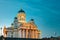 Senate Square With Lutheran Helsinki Cathedral At Evening Night.