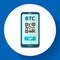 Send bitcoin icon, phone with qr code on screen, cryptocurrency transaction, exchange and transfer technology, vector