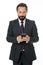Sending important message. Businessman formal suit holds smartphone. Man bearded businessman concentrated on texting